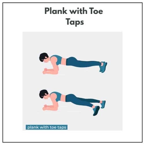Illustration of a person performing plank toe taps, moving one foot out to the side and back.