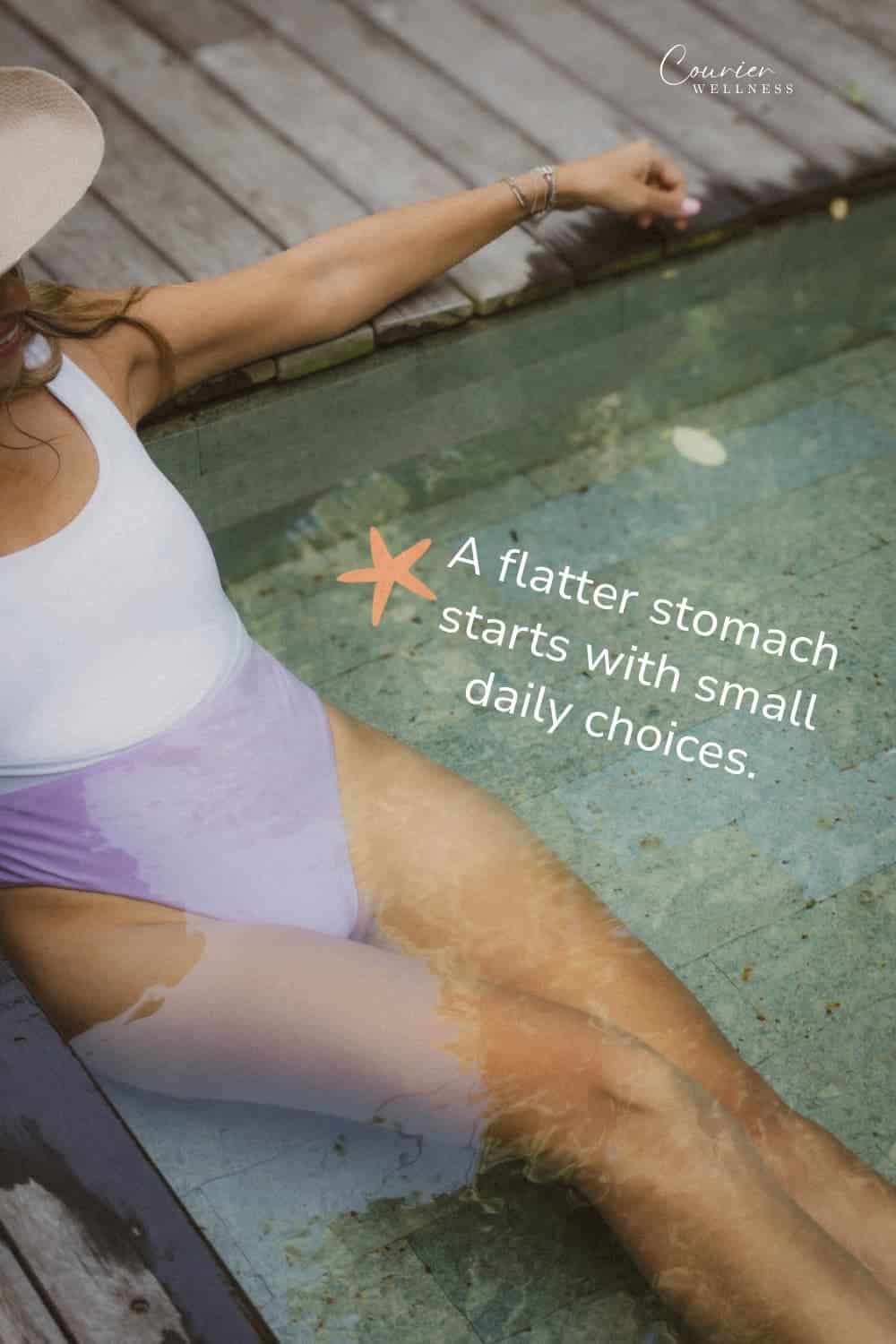 Woman in a white and lavender swimsuit relaxing in a swimming pool beside a wooden deck on a sunny day.
