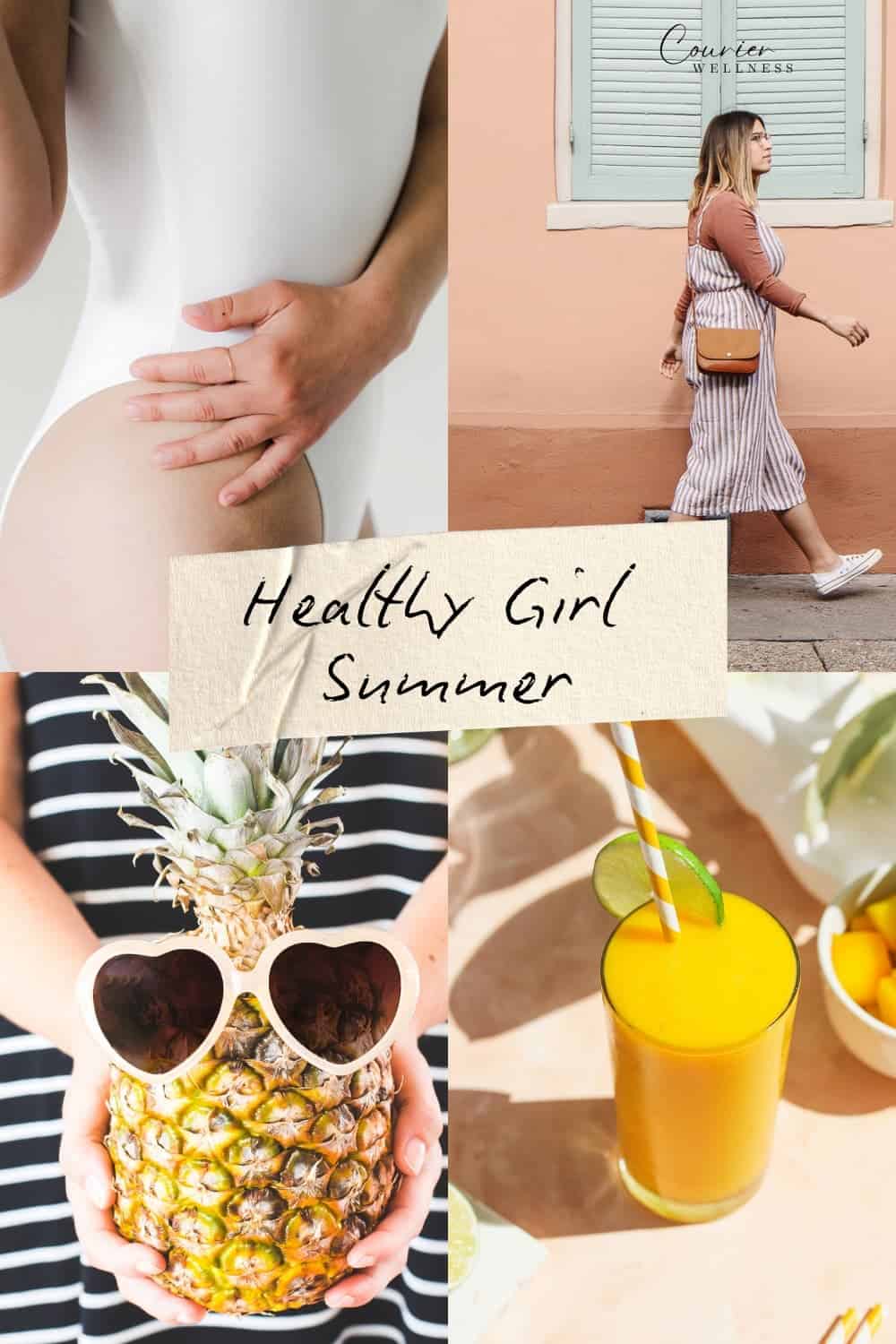 Collage featuring a woman with a flatter stomach, a summer city walk, fresh pineapple, and a mango smoothie.