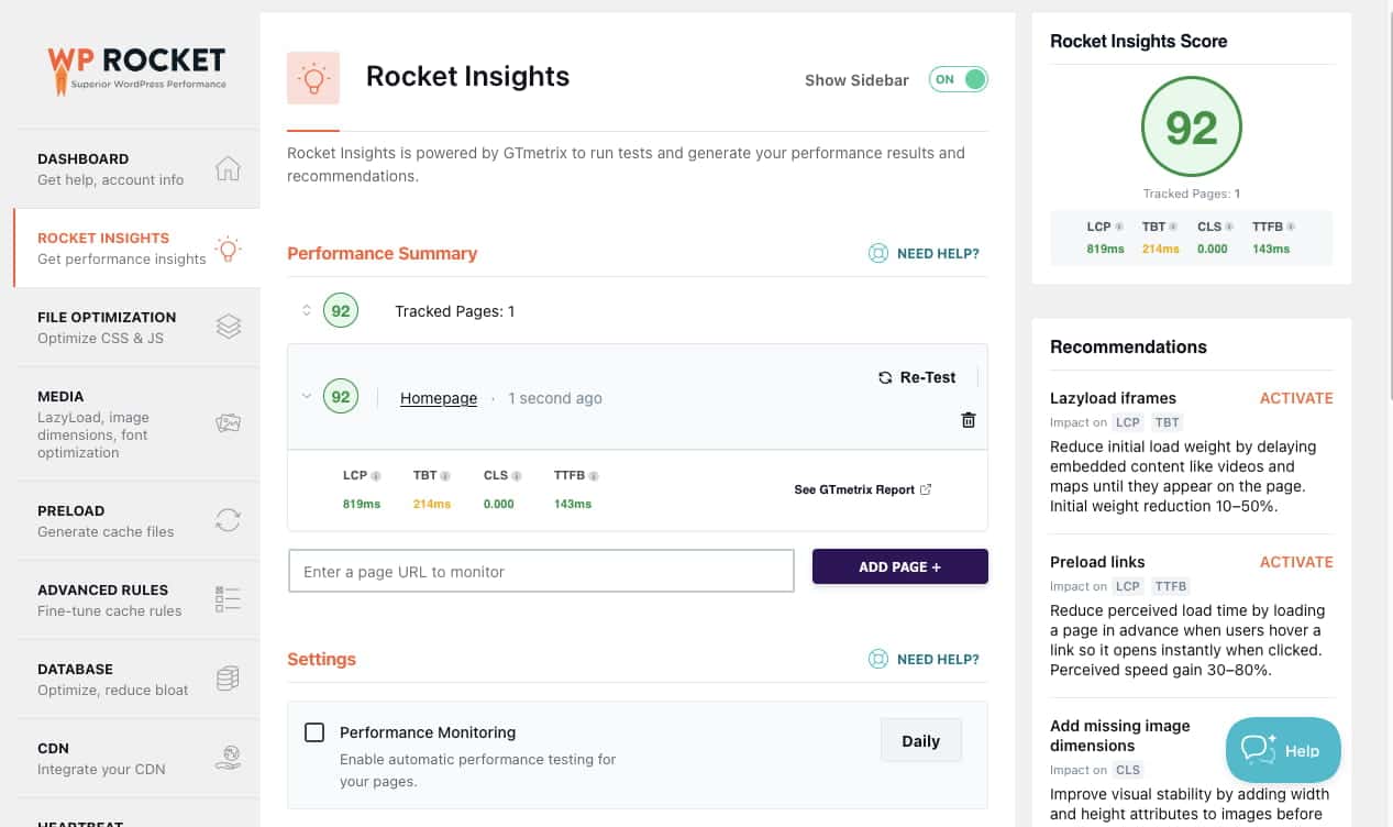 WP Rocket Rocket Insights dashboard showing a performance score of 92 and recommendations for improving website speed.