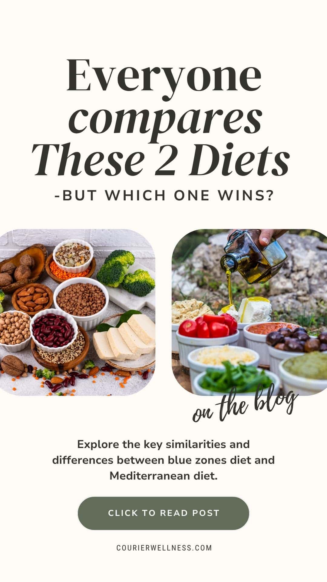 One image shows plant-based protein sources. The other shows olive oil poured over cheese.