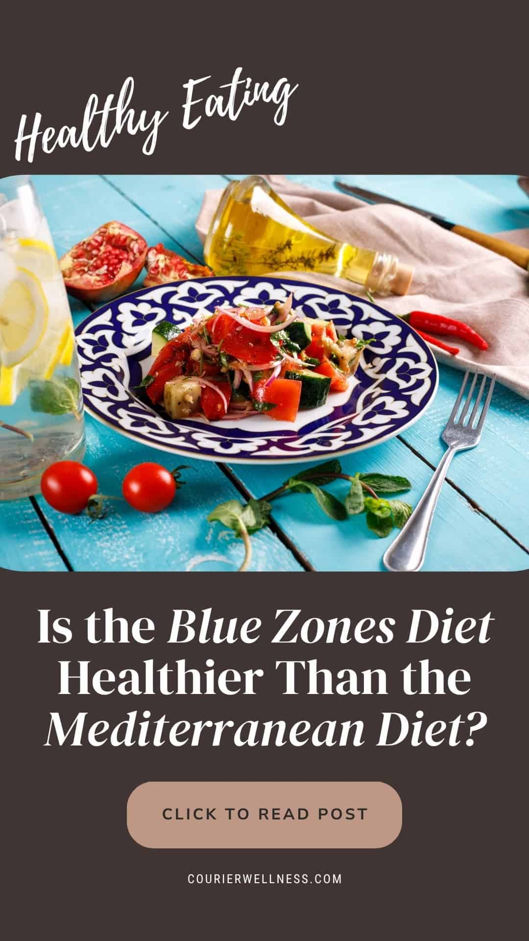 Salad of chopped tomatoes, cucumbers, and onions served on a blue and white patterned plate on a blue wooden table.