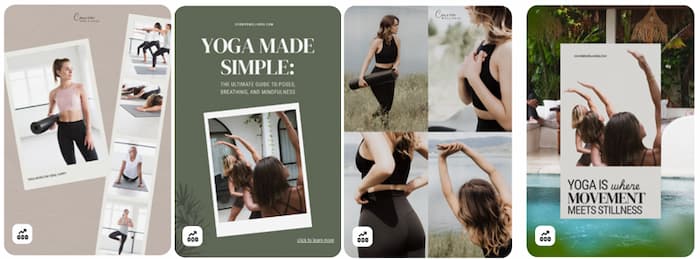 Preview of four yoga Pinterest pins created after joining Haute Stock.