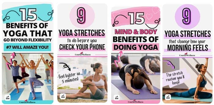 Four older Pinterest pin designs about yoga.